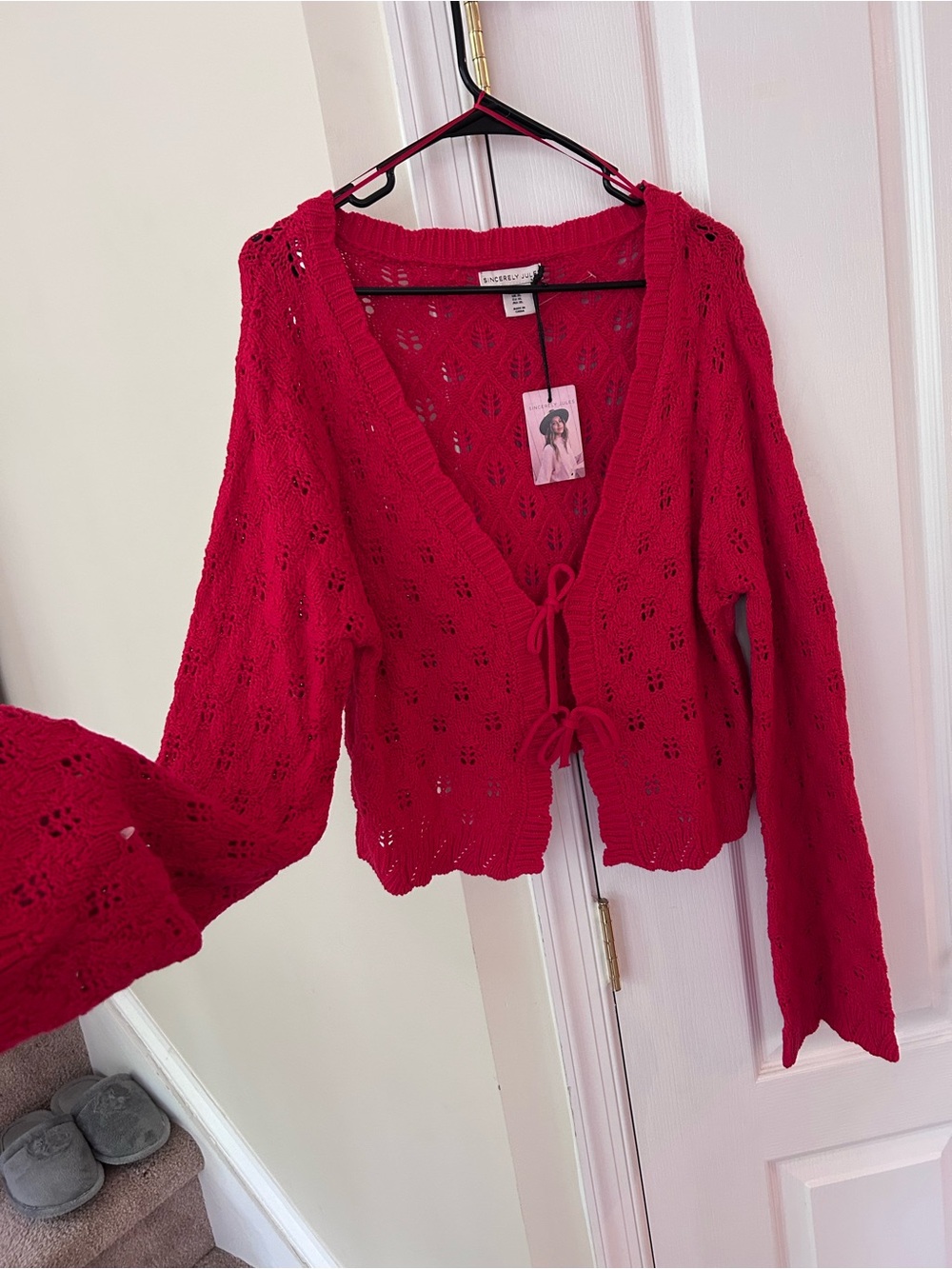 Sincerely Jules Red Openwork V-Neck Tie-Front Sweater